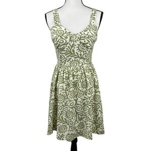 Japna Women's Mini Dress‎ Medium Green Cream Fit & Flare Sleeveless Sundress